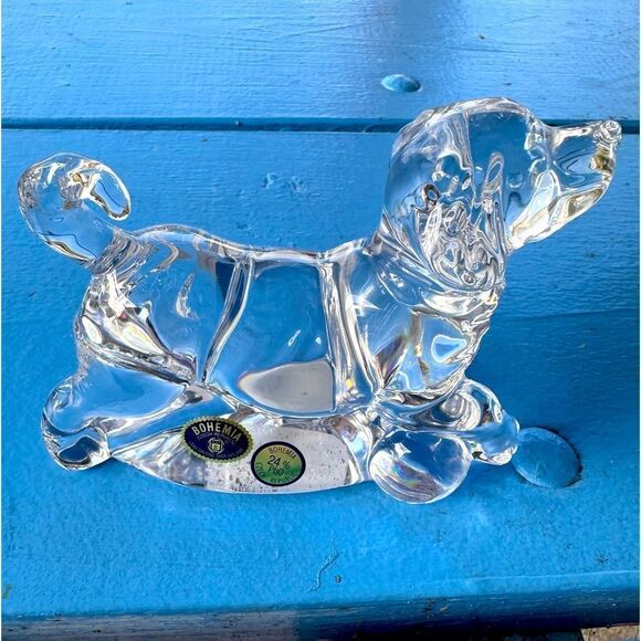 VINTAGE CRYSTAL SPANIEL DOG GLASS CZECH BOHEMIA FIGURINE SIGNED CLEAR STICKERS - Picture 2 of 7